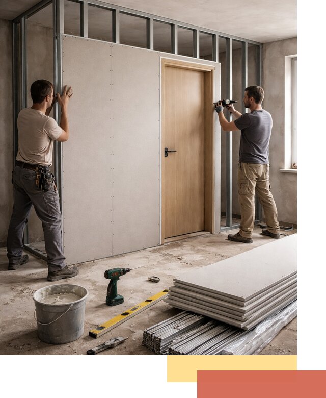 Перегородка из гипсокартона с дверью под ключ в Вязниках