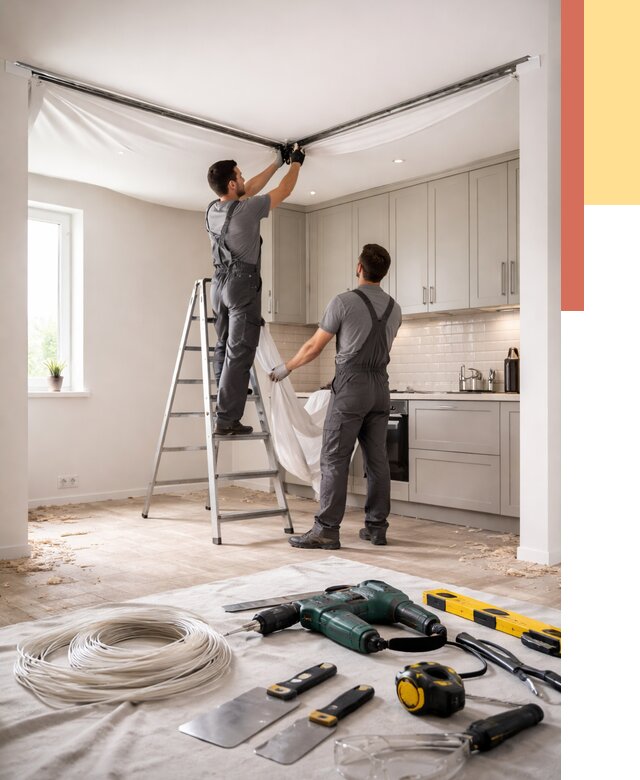 Установка натяжного потолка на кухне в Вязниках от 2564 руб. | ОТДЕЛОЧНИК-Взн