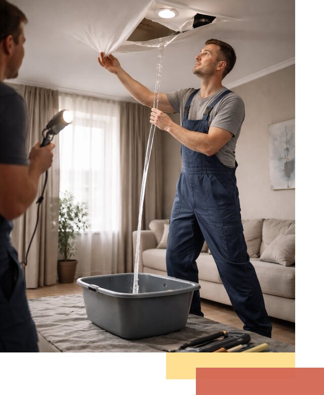 Слив воды с натяжного потолка в Вязниках быстро и аккуратно