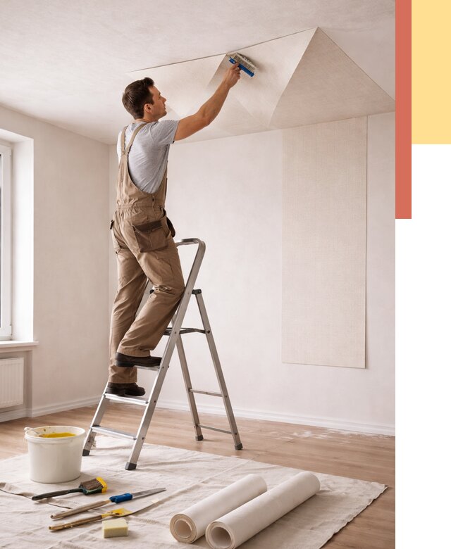 Поклейка обоев на потолок в Вязниках от 4807 руб. быстро и недорого | ОТДЕЛОЧНИК-Взн